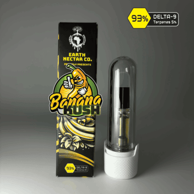 Banana Kush 510-thread THC cartridge by Earth Nectar Co., retail box and glass cartridge