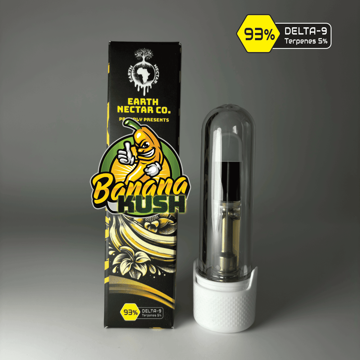 Banana Kush 510-thread THC cartridge by Earth Nectar Co., retail box and glass cartridge