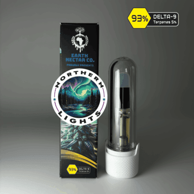 Northern Lights 510-thread THC cartridge by Earth Nectar Co., retail box and glass cartridge