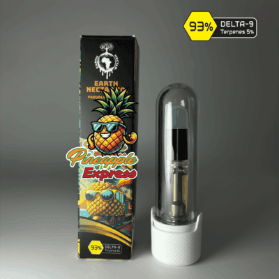 Pineapple Express 510-thread THC cartridge by Earth Nectar Co., retail box and glass cartridge