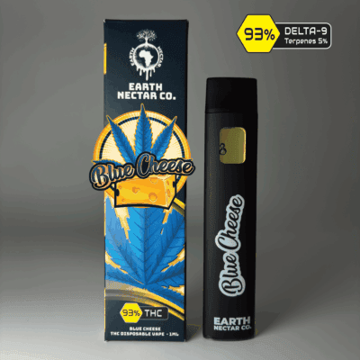 Blue Cheese THC disposable vape by Earth Nectar Co., retail box and device