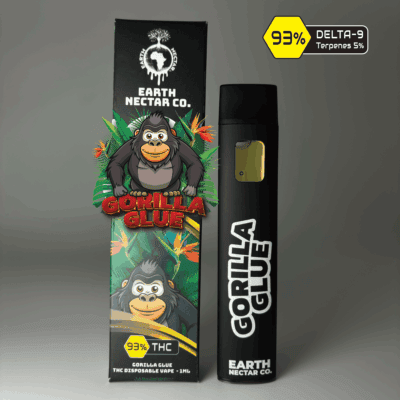 Gorilla Glue THC disposable vape by Earth Nectar Co., retail box and device