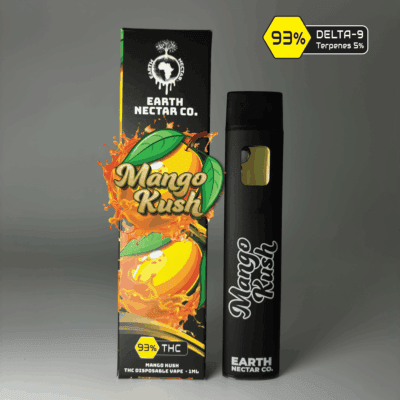 Mango Kush THC disposable vape by Earth Nectar Co., retail box and device