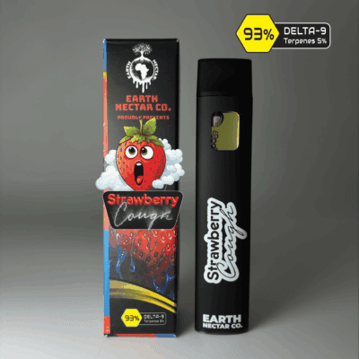 Strawberry Cough THC disposable vape by Earth Nectar Co., retail box and device