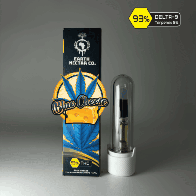 Blue Cheese 510-thread THC cartridge by Earth Nectar Co., retail box and glass cartridge