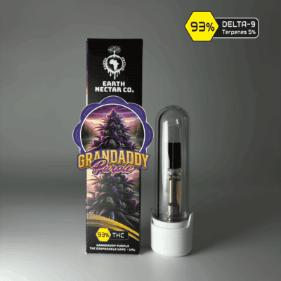 Grandaddy Purple 510-thread THC cartridge by Earth Nectar Co., retail box and glass cartridge