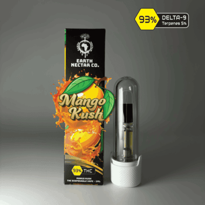 Mango Kush 510-thread THC cartridge by Earth Nectar Co., retail box and glass cartridge