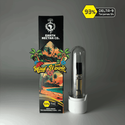 Maui Wowie 510-thread THC cartridge by Earth Nectar Co., retail box and glass cartridge