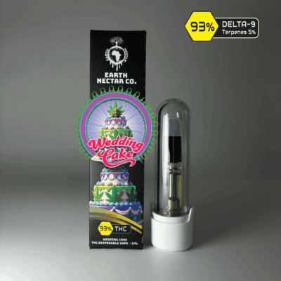 Wedding Cake 510-thread THC cartridge by Earth Nectar Co., retail box and glass cartridge