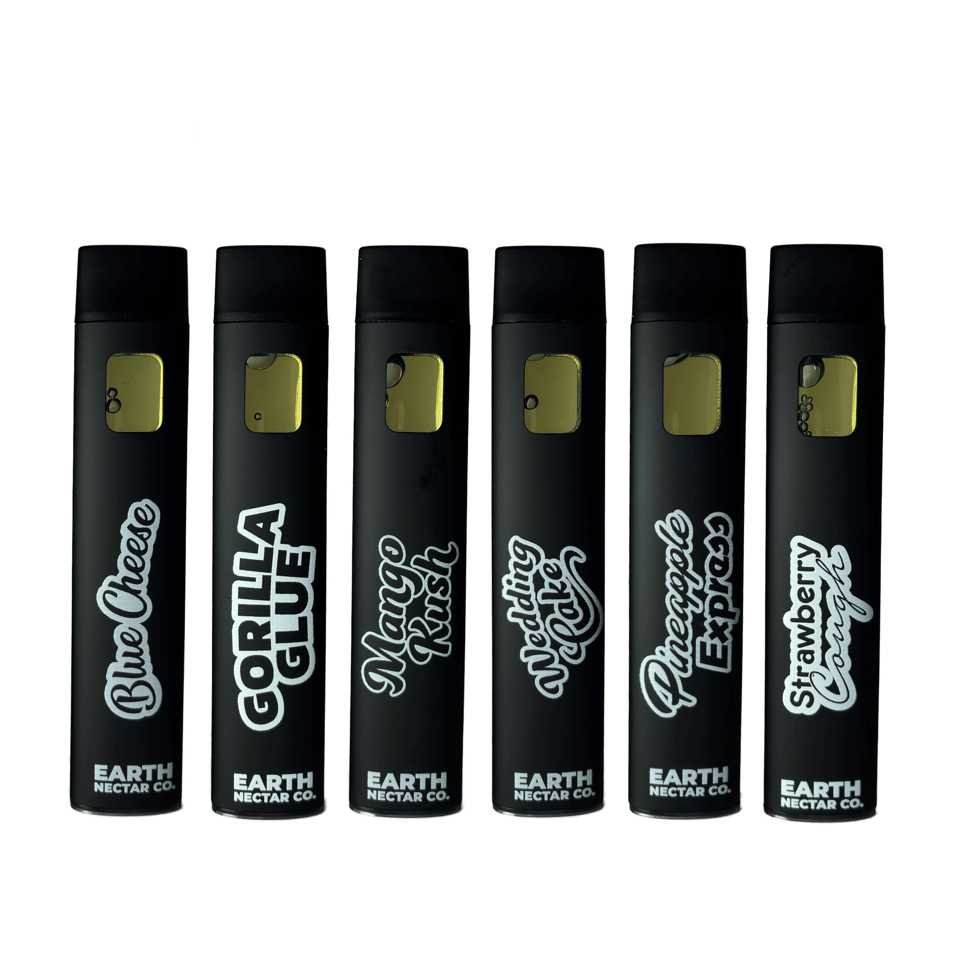 Six Earth Nectar Co. THC disposable vapes lined up side by side