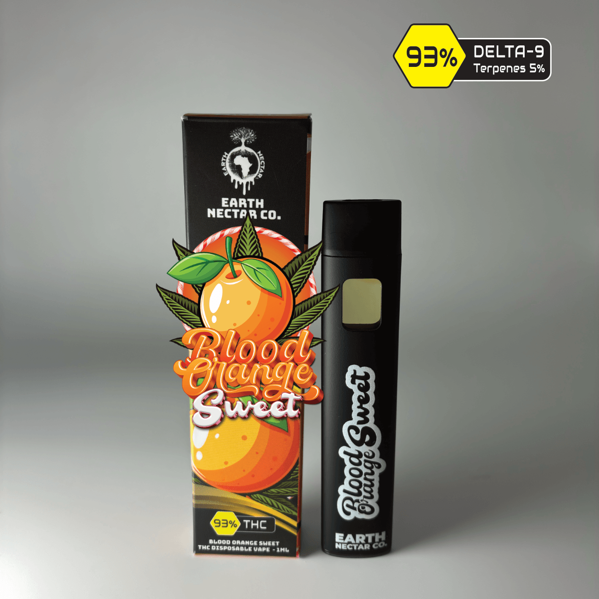 Blood Orange Sweet THC disposable vape by Earth Nectar Co., retail box and device