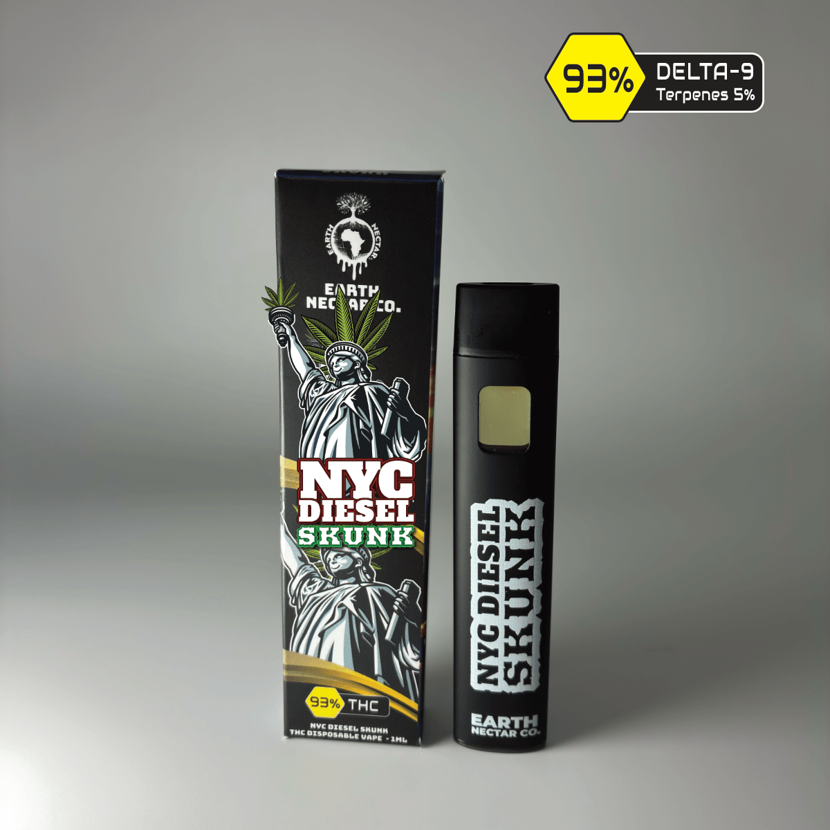 NYC Diesel Skunk THC disposable vape by Earth Nectar Co., retail box and device
