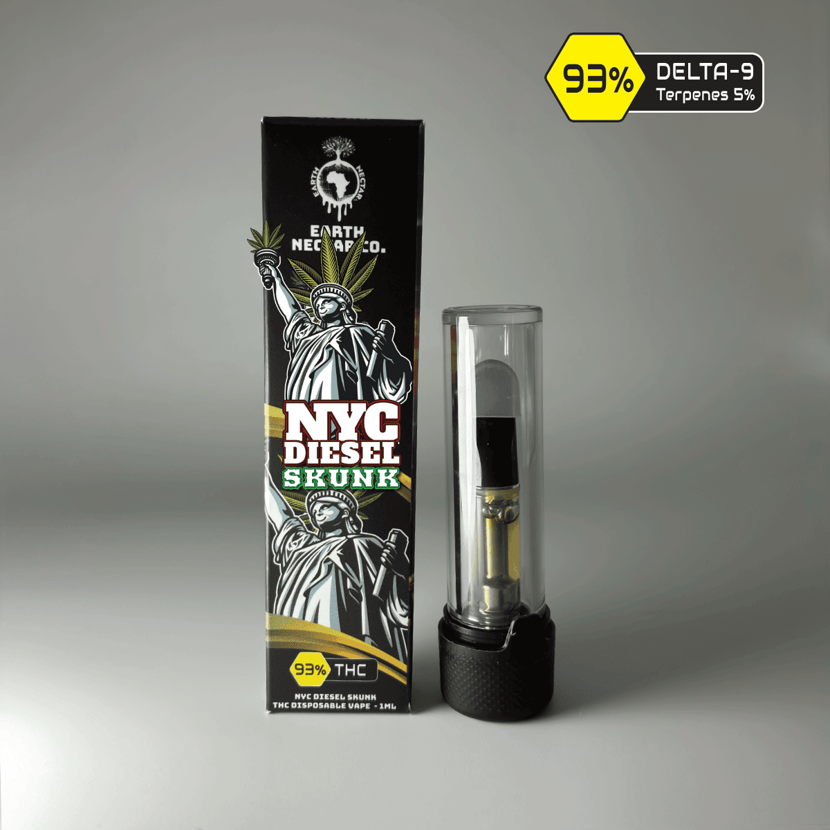NYC Diesel Skunk 510-thread THC cartridge by Earth Nectar Co., retail box and glass cartridge