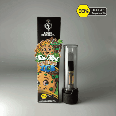 Thin Mint Cookies Ice 510-thread THC cartridge by Earth Nectar Co., retail box and glass cartridge