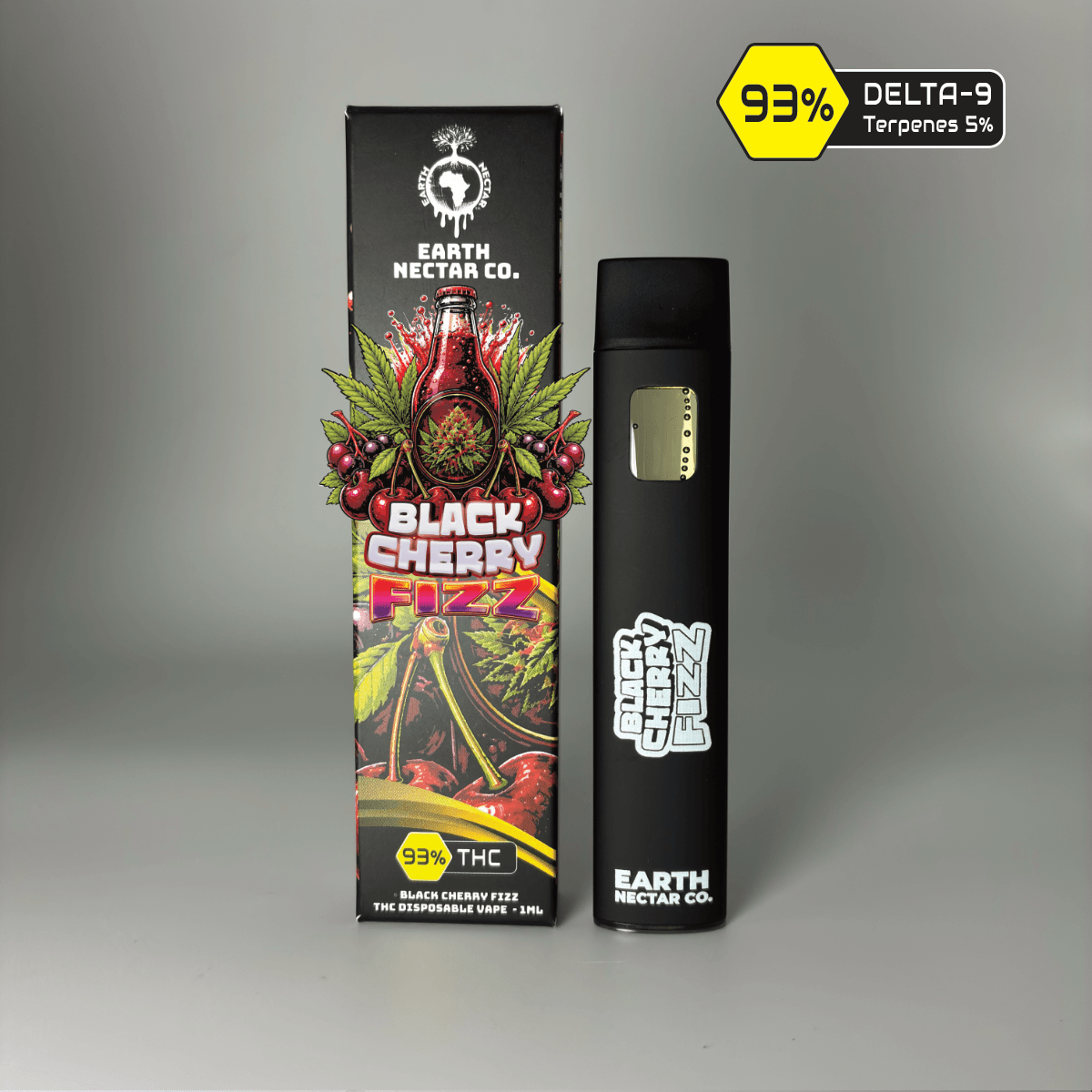 Black Cherry Fizz THC disposable vape by Earth Nectar Co., retail box and device