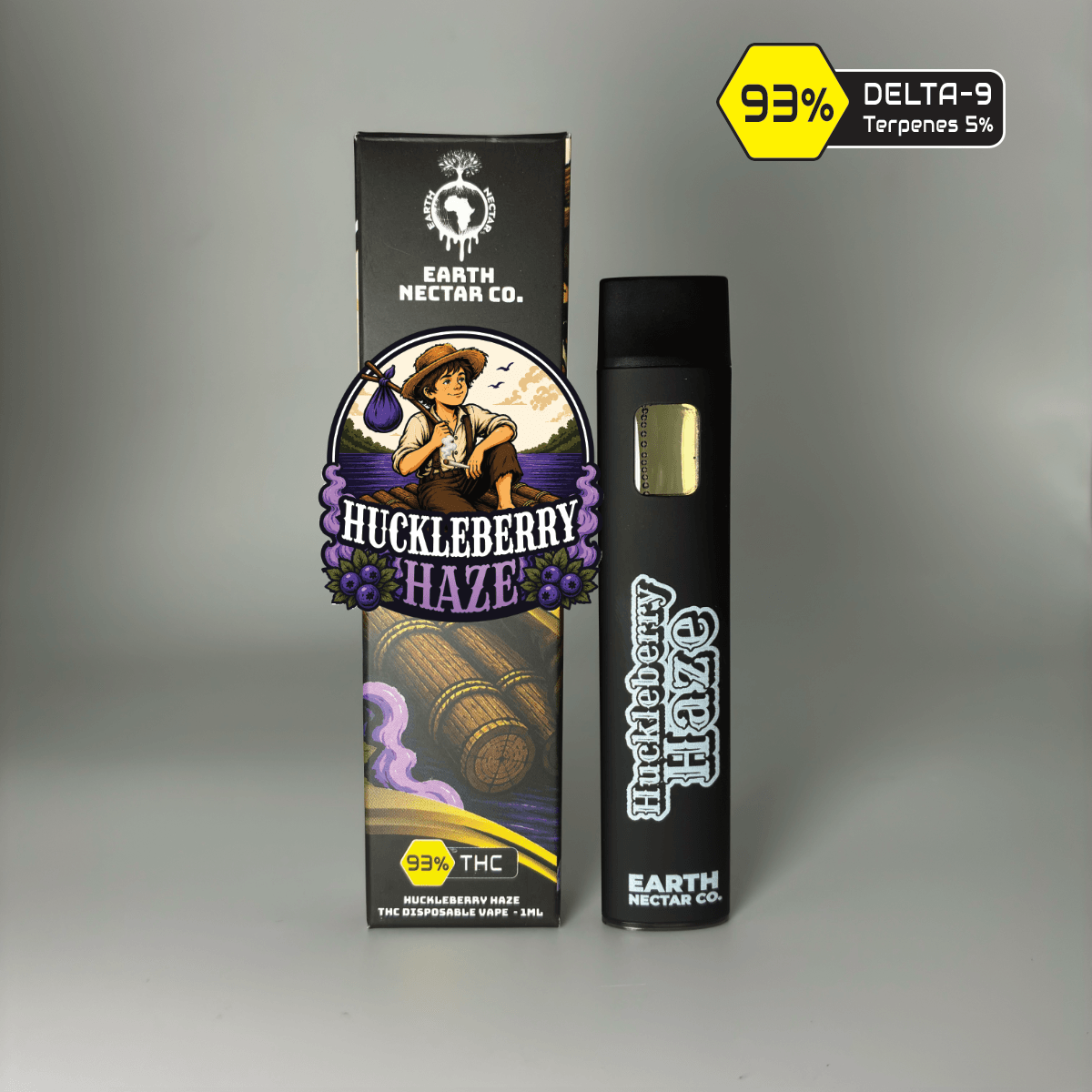 Huckleberry Haze THC disposable vape by Earth Nectar Co., retail box and device