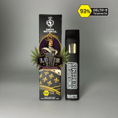 King Louis XIII THC disposable vape by Earth Nectar Co., retail box and device
