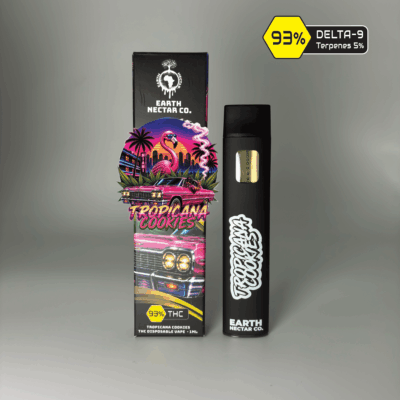 Tropicana Cookies THC disposable vape by Earth Nectar Co., retail box and device