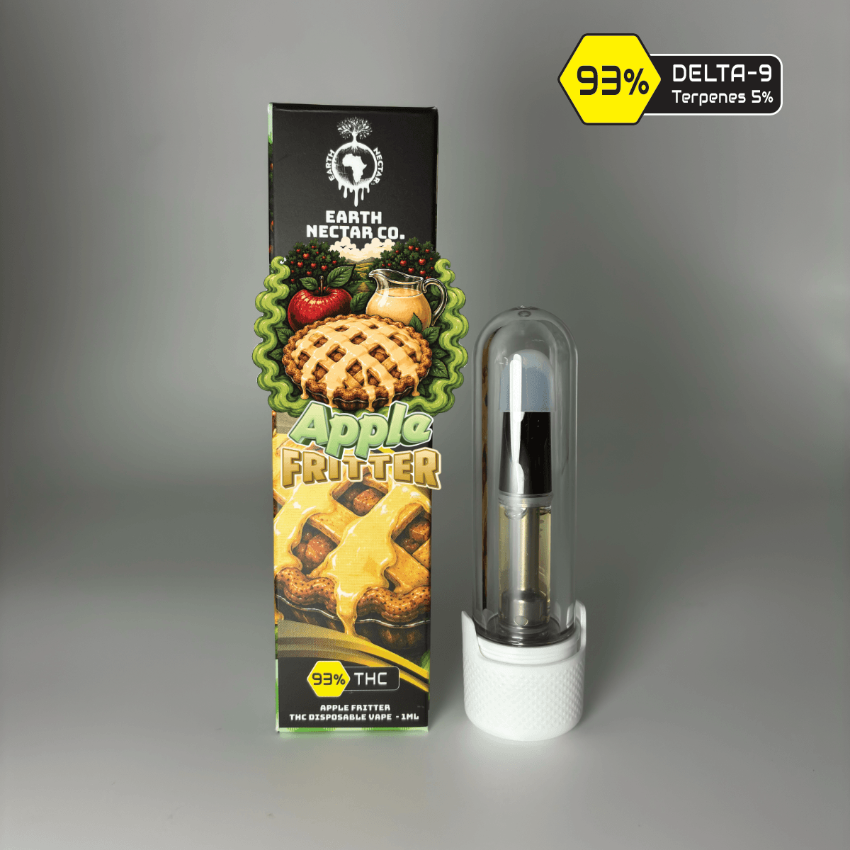 Apple Fritter 510-thread THC cartridge by Earth Nectar Co., retail box and glass cartridge