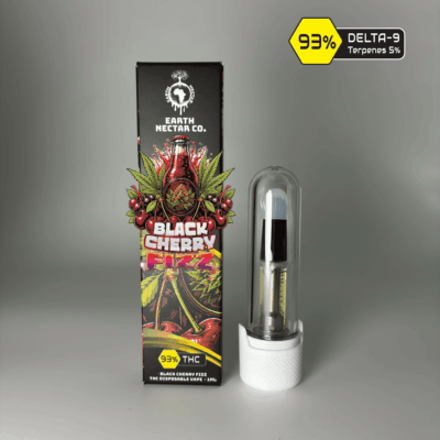 Black Cherry Fizz 510-thread THC cartridge by Earth Nectar Co., retail box and glass cartridge