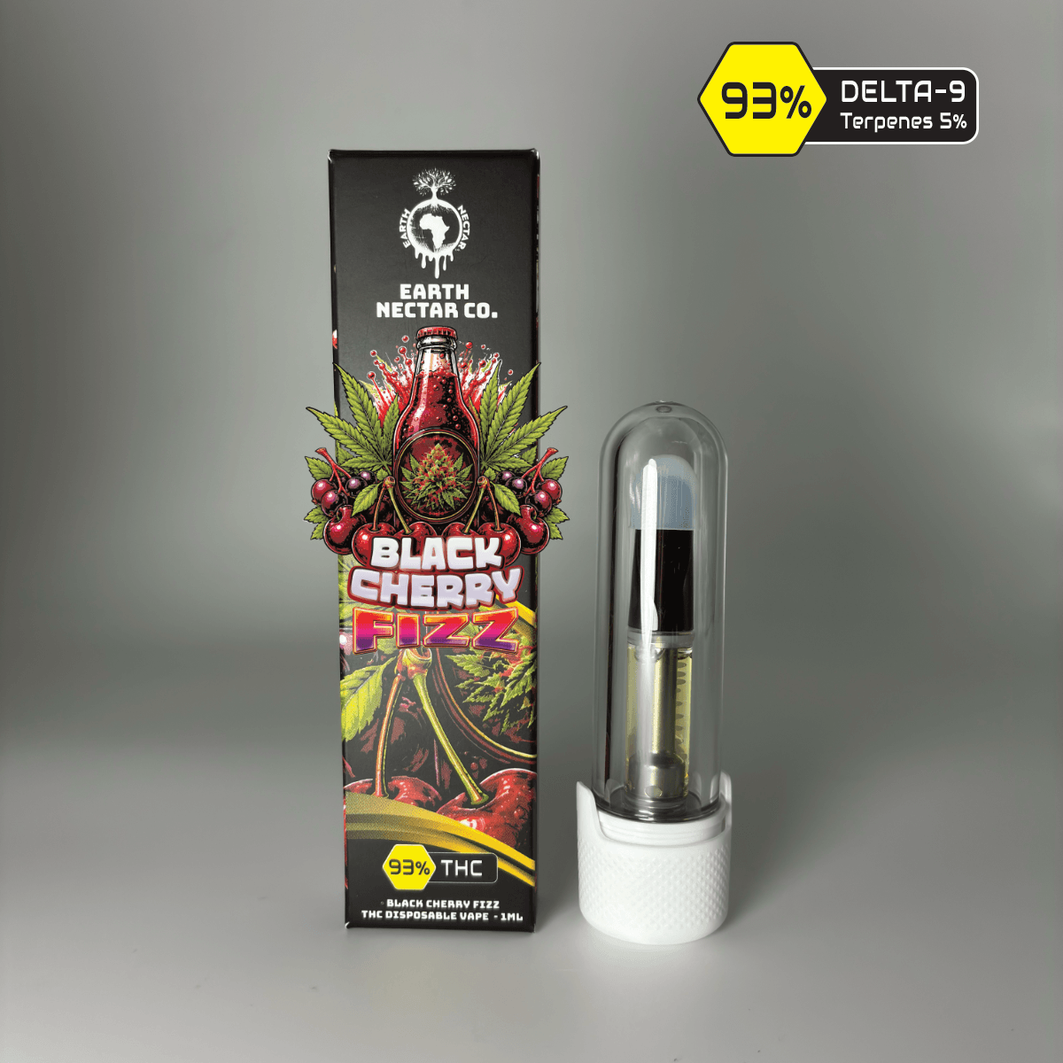 Black Cherry Fizz 510-thread THC cartridge by Earth Nectar Co., retail box and glass cartridge