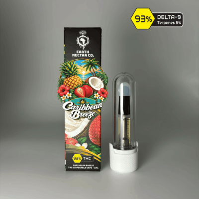 Caribbean Breeze 510-thread THC cartridge by Earth Nectar Co., retail box and glass cartridge