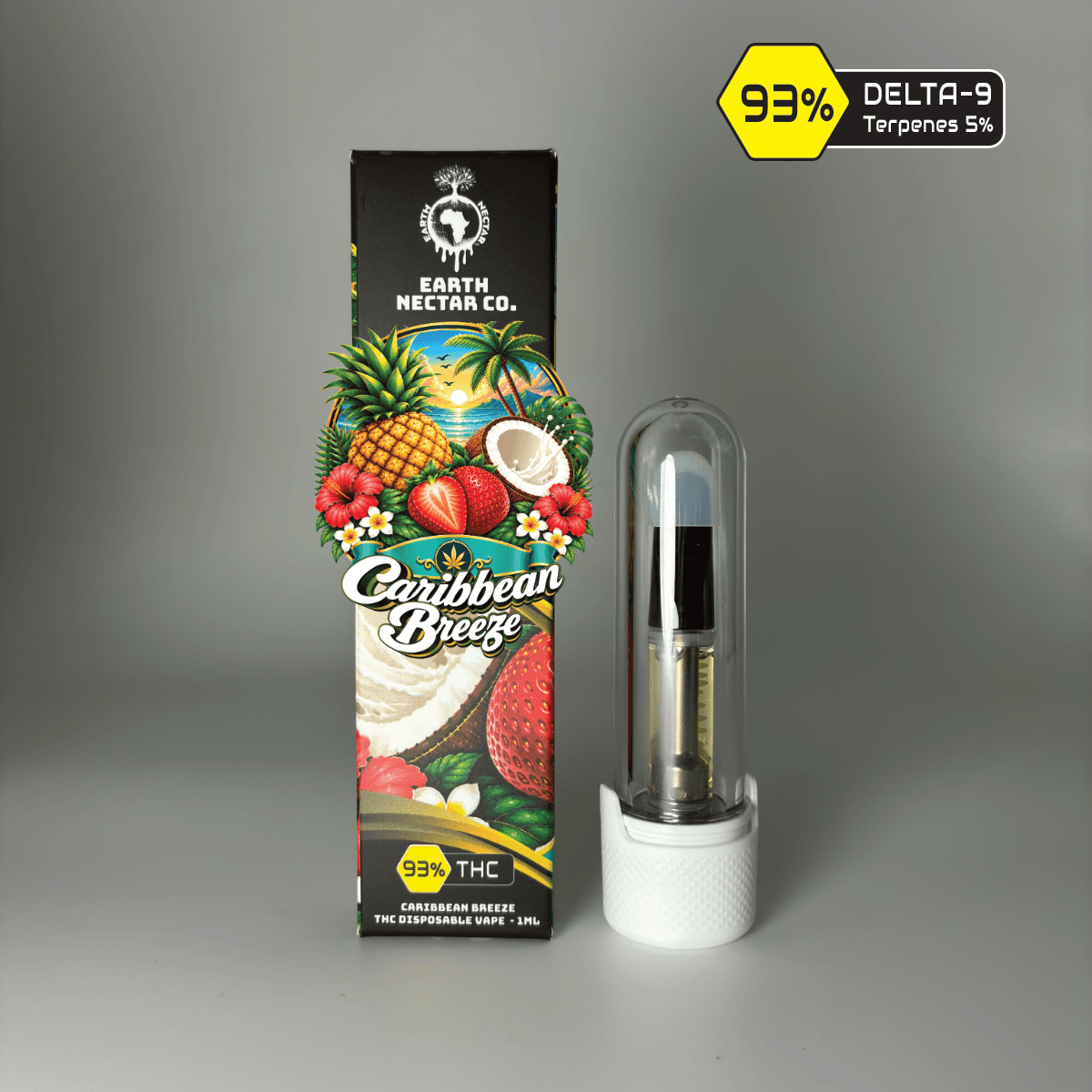 Caribbean Breeze 510-thread THC cartridge by Earth Nectar Co., retail box and glass cartridge