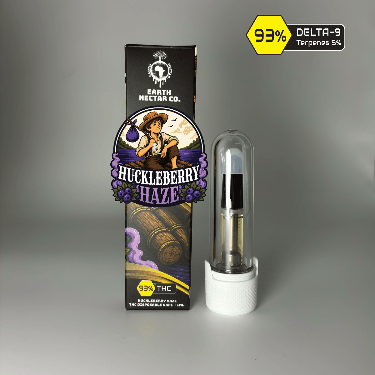 Huckleberry Haze 510-thread THC cartridge by Earth Nectar Co., retail box and glass cartridge