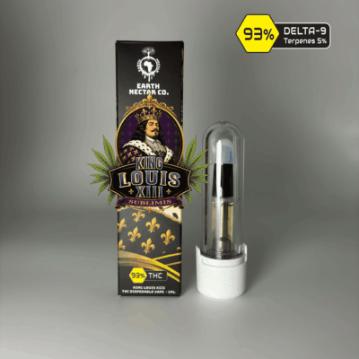 King Louis XIII 510-thread THC cartridge by Earth Nectar Co., retail box and glass cartridge