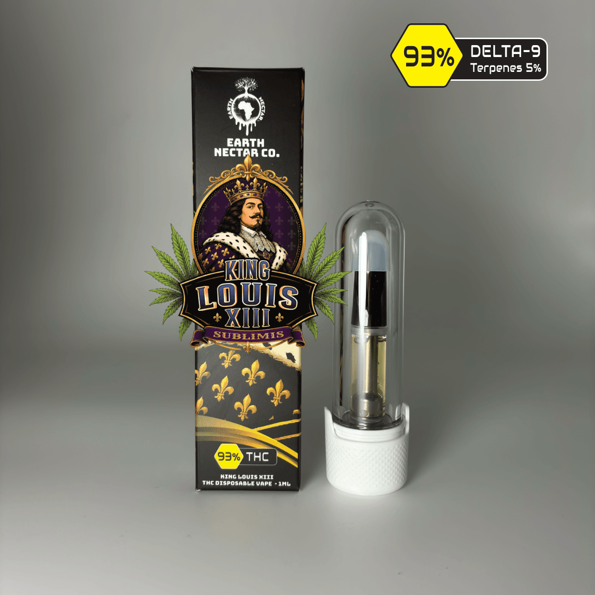 King Louis XIII 510-thread THC cartridge by Earth Nectar Co., retail box and glass cartridge