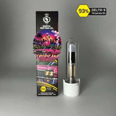 Tropicana Cookies 510-thread THC cartridge by Earth Nectar Co., retail box and glass cartridge
