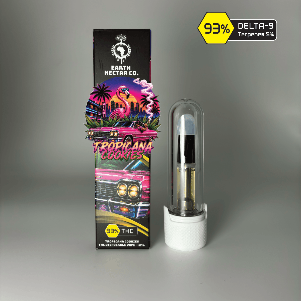 Tropicana Cookies 510-thread THC cartridge by Earth Nectar Co., retail box and glass cartridge