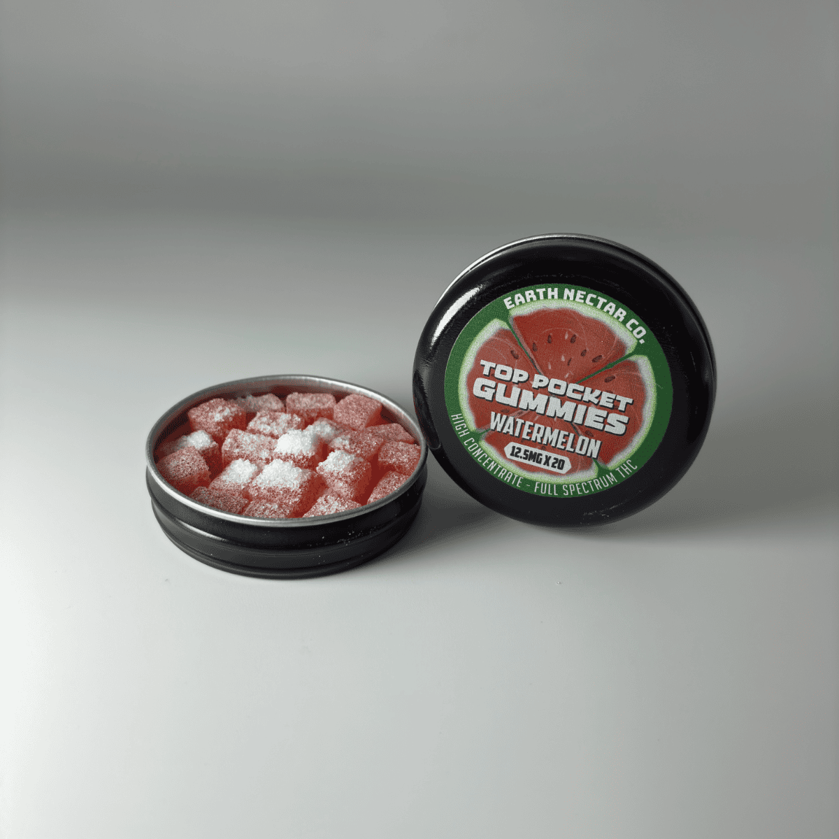Earth Nectar Co. Top Pocket Gummies in Watermelon, open tin of THC mini gummies beside the sealed tin
