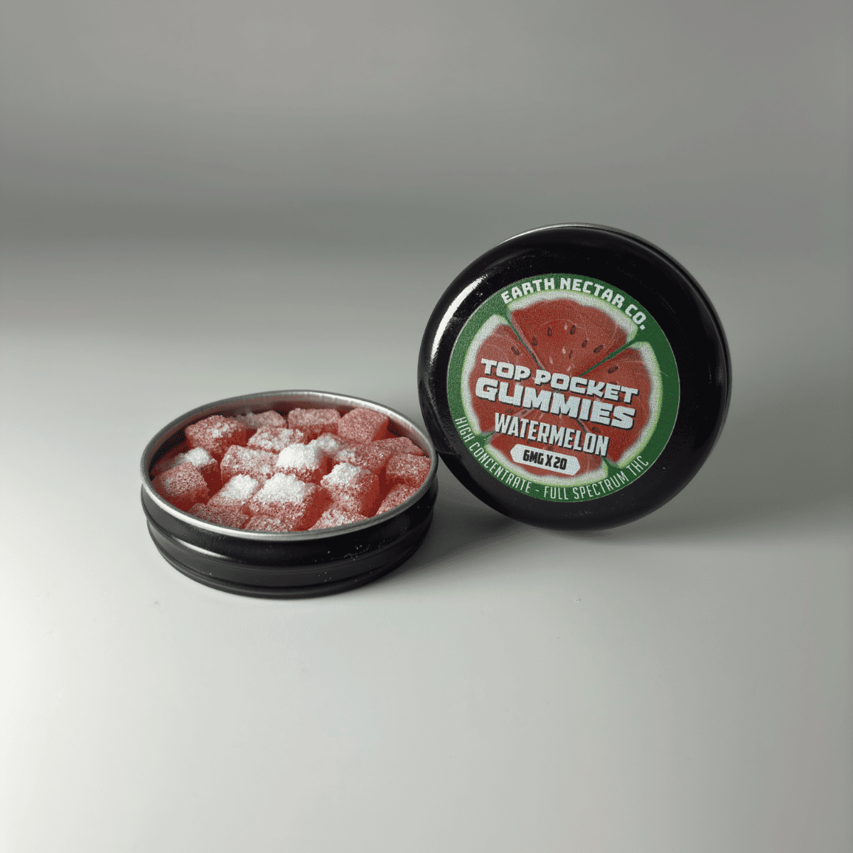 Earth Nectar Co. Top Pocket Gummies in Watermelon, THC mini gummies in an open pocket tin